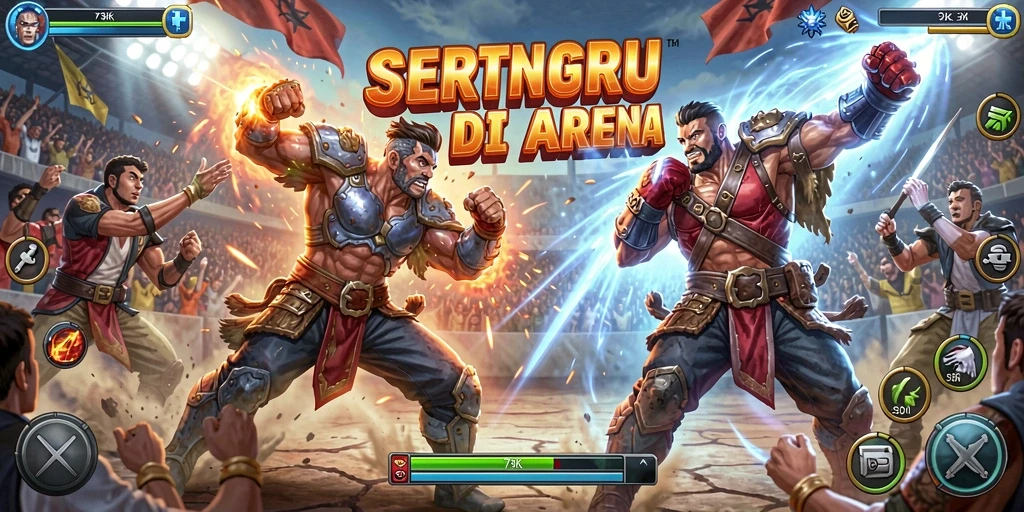 Screenshot 73K menunjukkan pertarungan epik antara karakter di arena.