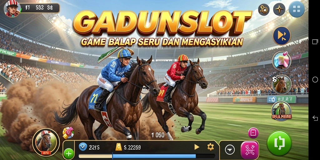 Tampilan utama GADUNSLOT menampilkan aksi balapan yang mendebarkan.