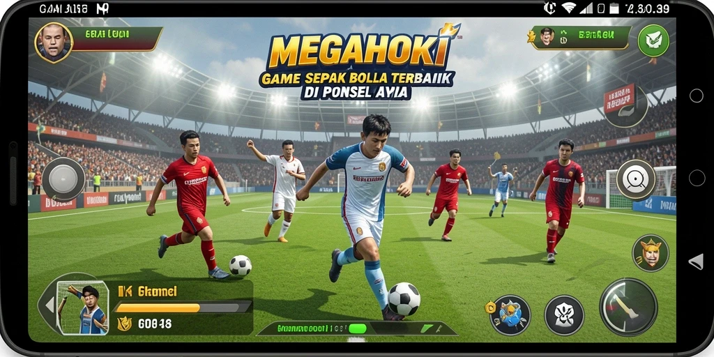 Screenshot gameplay <strong>MEGAHOKI</strong> yang menunjukkan aksi seru di lapangan sepak bola.
