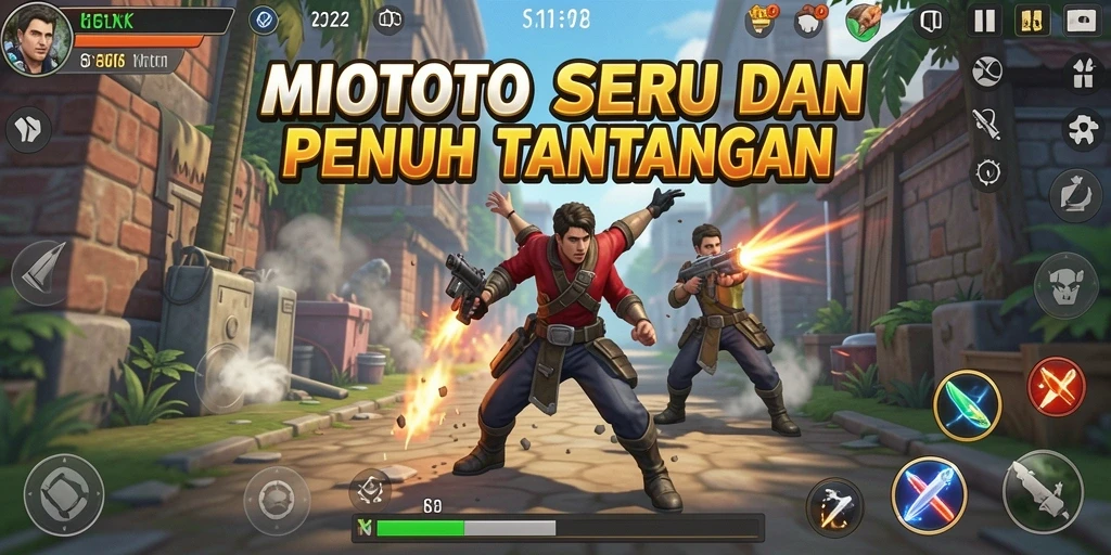 Tampilan aksi mendebarkan dalam MIOTOTO saat karakter bertarung.
