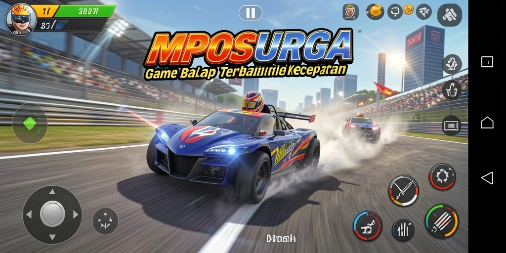 Screenshot utama MPOSURGA menunjukkan aksi balap yang mendebarkan di lintasan.
