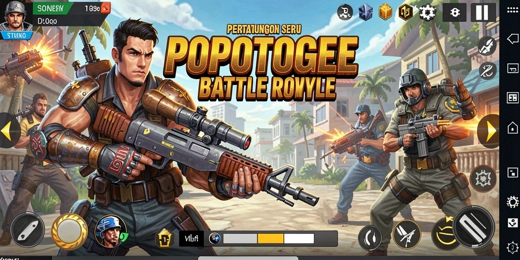 Screenshot utama menampilkan aksi seru dalam game Battle Royale.