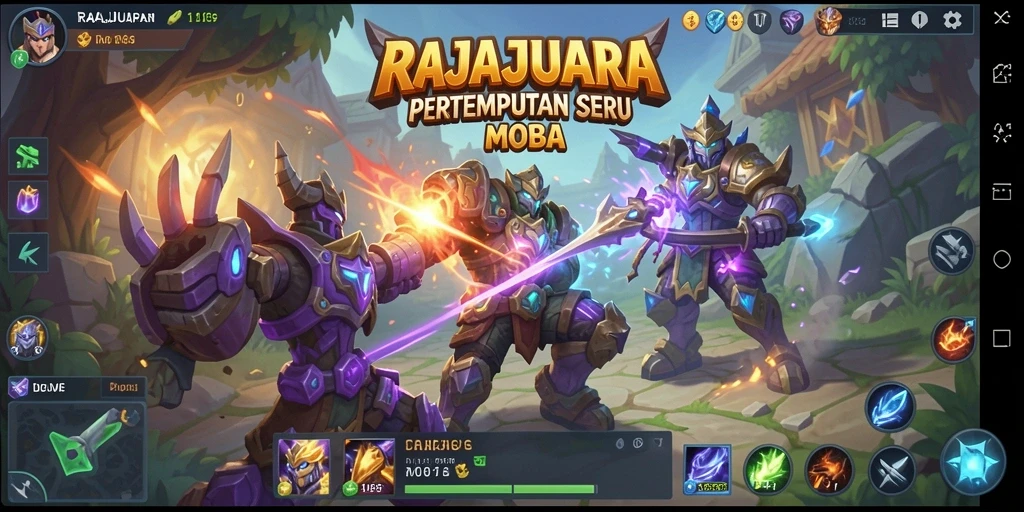 Screenshot RAJAJUARA menampilkan aksi pertempuran MOBA yang epik.