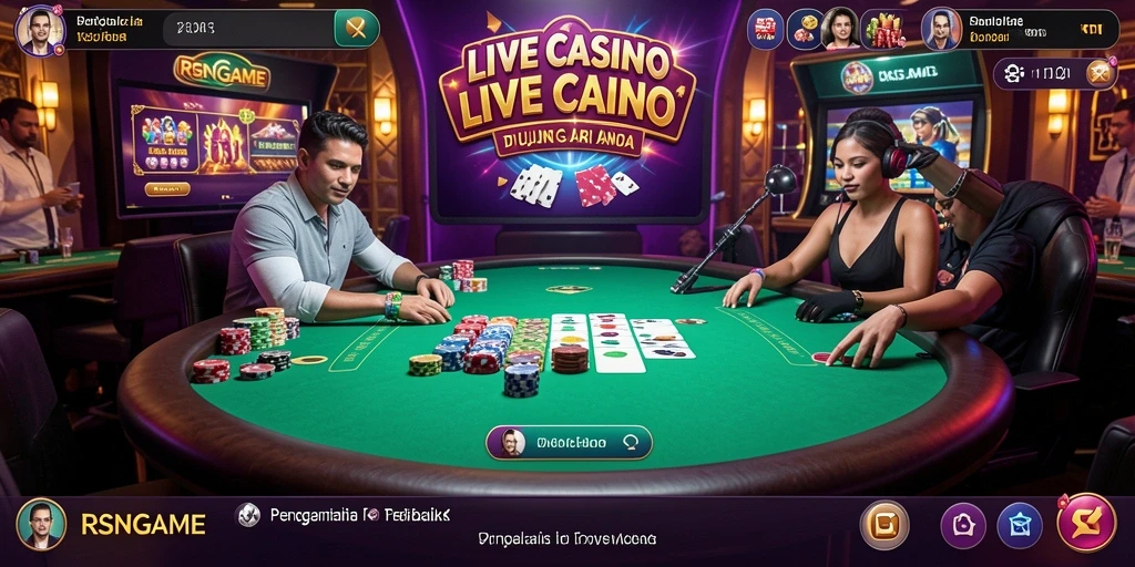 Screenshot gameplay RSNGAME yang menunjukkan dealer langsung dan suasana kasino.