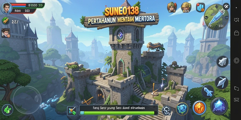 Screenshot gameplay SUNEO138 menampilkan aksi menara pertahanan yang intens.