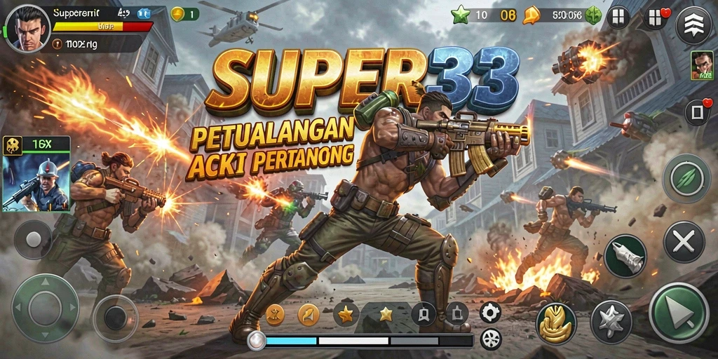 Screenshot utama SUPER33 menampilkan karakter bertarung dalam arena yang memukau.