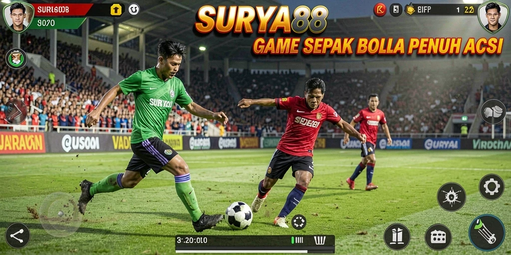 Tampilan gameplay <strong>SURYA88</strong> dengan aksi sepak bola yang intens.
