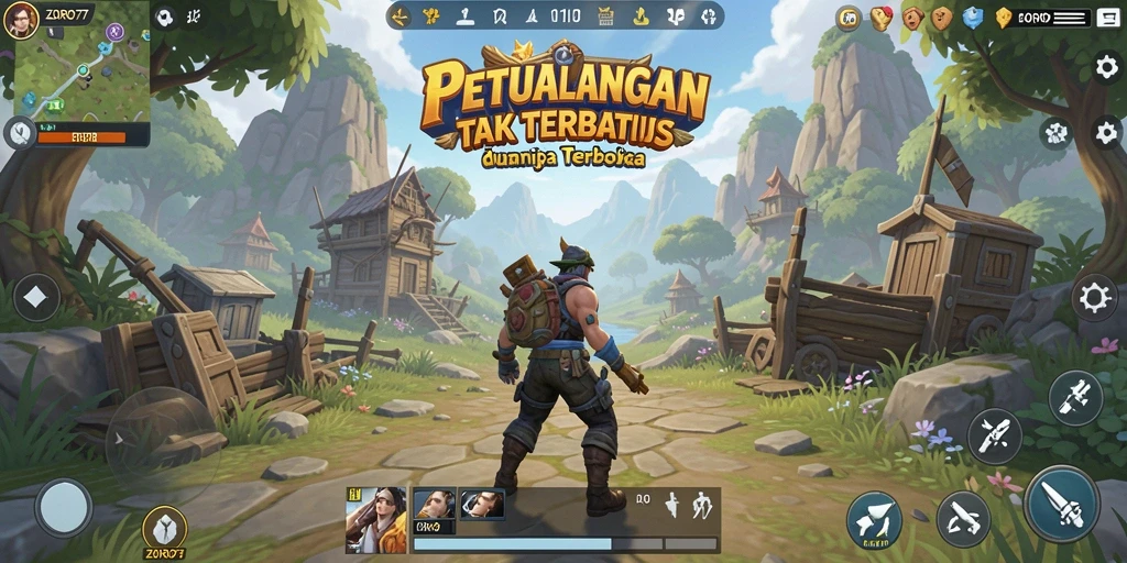 Screenshot gameplay ZORO77 yang menampilkan eksplorasi dunia terbuka.